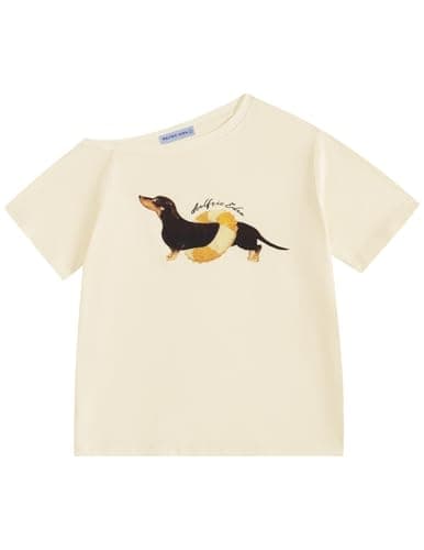 Aelfric Eden Dachshund Off The Shoulder Tshirts Women's Oversized Graphic Tees Short Sleeve Summer Cute T Shirts Y2K Tops Apricot X-Small - Image 1