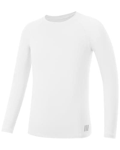 RIKUAOU Youth Boys Compression Shirt, Long Sleeve Kids Athletic Undershirt Quick Dry Base Layers for Baseball Football Sports White - Image 1