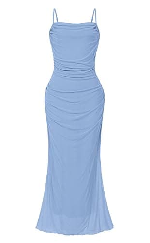 OutfitShow Womens 2026 Summer Floral Spaghetti Strap Bodycon Dresses Ruched Mesh Sexy Cocktail Party Long Dresses, Light Blue XL - Image 1