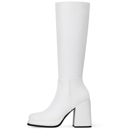 CELLENZ Women Knee High Boots: Comfortable Square Toe Boots - Platform Heel Long Boot Womens - White Fall Knee High Boot Casual Weekend Size 6.5 - Thumbnail 4
