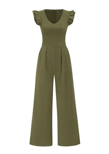 PRETTYGARDEN One Piece Jumpsuits For Women Dressy Ruffle Cap Sleeve V Neck Ribbed Knit Wide Leg Romper Casual Spring Outfits (Army Green,Small) - Image 1