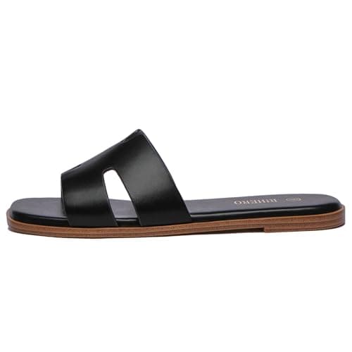 Rihero Black Flat Sandals for Women Dressy Summer Slip On Peep Toe Slide Black Sandals Size 7 - Thumbnail 4