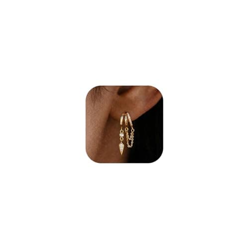 Gold Dangle Earrings for Women, 14k Gold Plated Statement Triple Hoop Illusion Gold Chain Earrings Cubic Zirconia Huggie Earrings for Women Trendy - Image 1