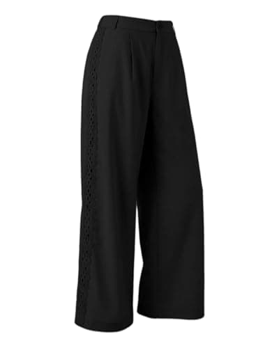 Women's Casual Elastic High Empire Waisted Button and Zipper Wide Leg Palazzo Dressy Lace Trim Cotton Viscose Rayon Black Pant Slack with Pockets Vocation Trousers for Summer Beach Vocation Holiday - Image 1