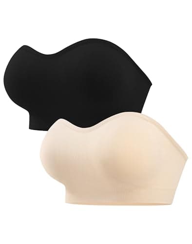 ANGOOL Strapless Bras for Women Wirefree Non-Slip Tube Top Invisible Bralette Seamless Padded Bandeau Bra, Black+Beige, XL - Image 1