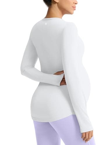 Mama Land Maternity Long Sleeve T-Shirts - Workout Yoga Maternity Tops Blouse Activewear Petite Casual Fall Winter Pregnancy Clothes (Off-White S) - Thumbnail 2