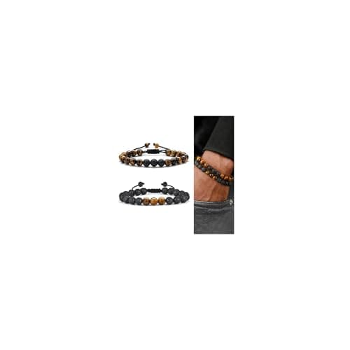M MOOHAM Bracelets for Men - Beaded Natural Tiger Eye Bracelets for Men Black Lava Rock Stone Chakra Mens Anxiety Bracelet Adjustable Aromatherapy Oil Diffuser Jewelry Gifts - Image 1