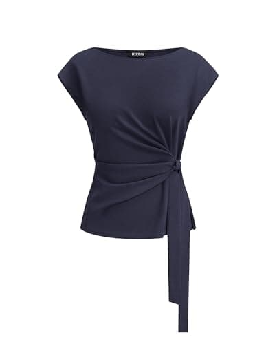 BTFBM Womens Tops Summer 2026 Cap Sleeve Crew Neck Tie Waist Blouses Dressy Casual Business Work Clothes Spring Fashion(Navy, Small) - Image 1