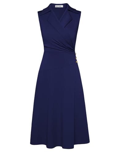 Work Midi Navy Blue Dresses for Women,Wrap Business Casual Funeral Outfit for Women,Wedding Guest Dresses XXL - Image 1