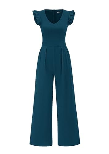 PRETTYGARDEN One Piece Jumpsuits For Women Dressy Ruffle Cap Sleeve V Neck Ribbed Knit Wide Leg Romper Casual Spring Outfits (Lake Blue,Large) - Image 1
