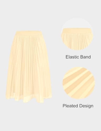 Women's Midi Skirt Elastic High Waist Pleated Skirt Knee Length Swing A-Line Casual Flowy Skirts 2025 Champagne,L - Thumbnail 5