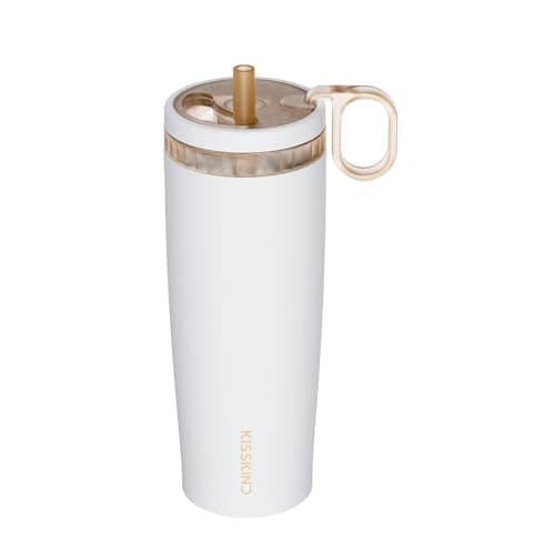 KISSKIND 20 Oz Iced Coffee Tumbler with Hidden Straw, Insulated Stainless Steel Coffee Tumbler, Leakproof Ceramic Lined Travel Cup for Subway Commuting, Slim Tumbler for To-Go, Clean Brew - Image 1