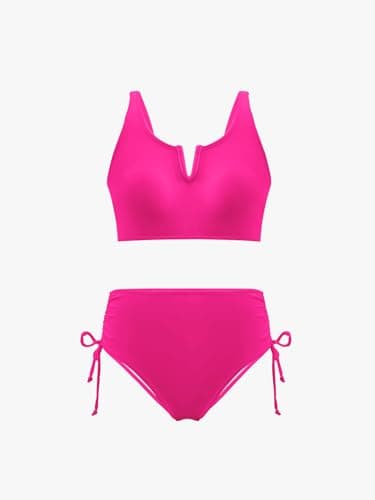 AMAWMW Teen Girls Bathing Suit Bikini Set V-Neck Cutout Swimsuit Two Piece Swimwear for Kids 7-16Y, Hot Pink, 11-12 Years - Thumbnail 6