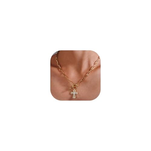 KALOAURA Chunky Cross Necklace for Women, 14K Gold/Silver Plated Statement Paperclip Chain Double Cross Pendant Necklaces Non Tarnish for Faith Religious Christian Jewelry Gifts - Image 1