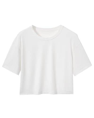 Stelle Womens Workout Crop Top Loose Short Sleeve Shirt Quick Dry UPF 50+ Sun Protection Moisture Wicking Boxy Tee for Running Athletic White Medium