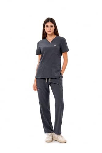 YEZEX Women's Ultra-Light Medical Scrub Set-130GSM Summer Cooling Fabric-4-Way Stretch, Cargo Pants & V-Neck Top-6-Pocket