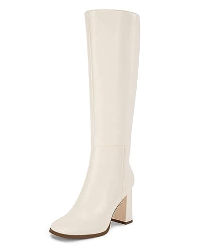 Coutgo Womens Wide Calf Knee High Boots Chunky High Heel Square Toe Fashion Leather Shoes with Side Zipper,White,Size 10 - Image 1