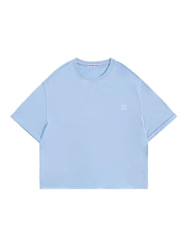 Aelfric Eden Cropped T Shirts for Women Boxy Tee Roll Hem Solid Basic Crop Tops Crewneck Short Sleeve Tees Light Blue - Image 1