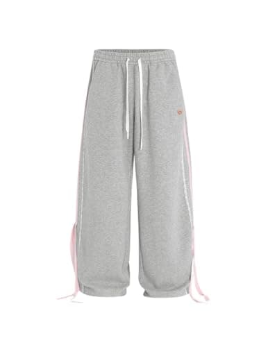 Aelfric Eden Lace Stripe Patchwork Sweatpants Casual Baggy Pant for Women Wide Leg Elastic Drawstring Trousers Grey Medium - Thumbnail 3