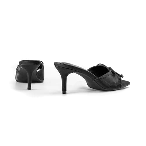 RUSAUISE Square Open Toe Stiletto Heels Mules Sandals Slip On Cord Bowtie Middle Heeled Wedding Party Dressy Shoes Black Satin Size 6 - Thumbnail 4