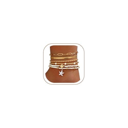 FAXHION Gold Ankle Bracelets for Women Waterproof, Starfish Bead Cuban Link Chain Adjustable Anklets Set, Hawaiian Boho Anklet Beach Waterproof Jewelry Gift for Women - Image 1