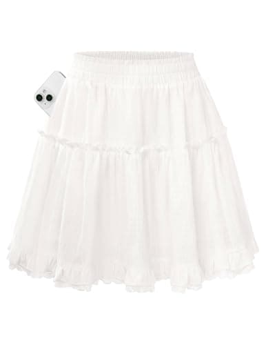 Kate Kasin White Skorts for Woman with Pockets, Ruffle Lace Cotton Skirt, Flowy Mini Skirts with Shorts Underneath S - Image 1