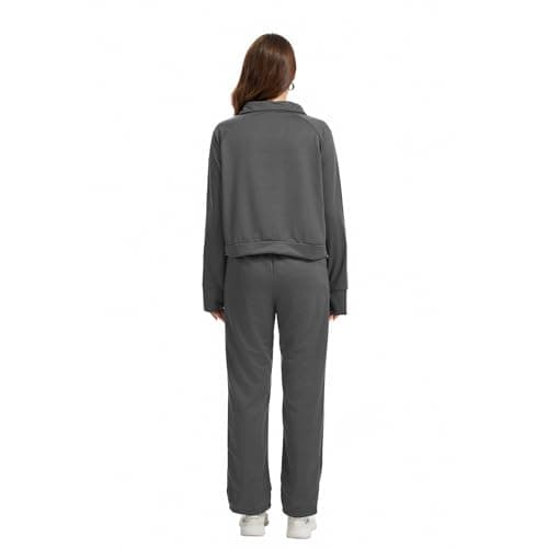 Anyshe Women's 2 Piece Sweatsuit Set Lounge Set Half Zip Sweatshirt with Kangaroo Pocket Thumb Holes Wide Leg Drawstring Pants Casual Tracksuit for Travel Daily Wear, Charcoal Grey, X-Large - Thumbnail 6