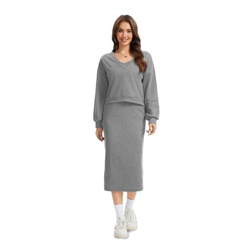 Anyshe Women's 2 Piece Matching Knit Sweater Set, Long Sleeve V-Neck Top with Maxi Skirt, Effortless Style for Vacation - Thumbnail 3