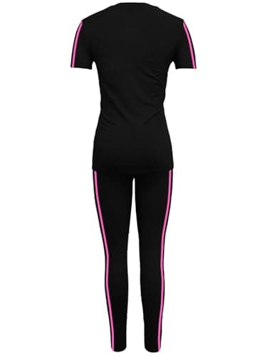 BNGPIKLY Women Summer Two Piece Outfits Striped Short Sleeve Pullover Long Pants Tracksuit Pajama Lounge Set BlackRose M - Thumbnail 5