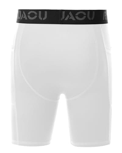 RIKUAOU Youth Boys Compression Shorts with Side Pockets, Kids Athletic Base Layers Running Underwear for Baseball Football White - Thumbnail 4