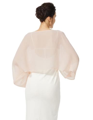 BEAUZSUZSANA Women Chiffon Bolero Cape Capelets with Arm Holes Shawls and Wraps for Evening Dress Bridal Wedding Party (Peach,L-XL) - Thumbnail 3