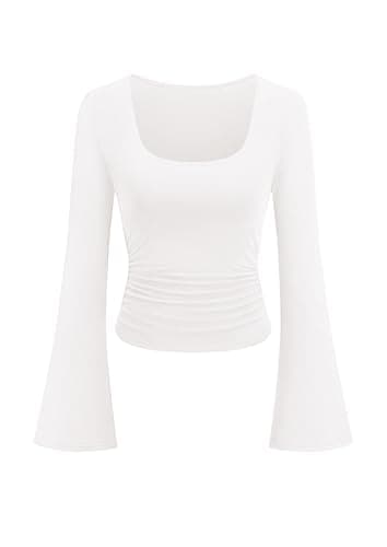 PRETTYGARDEN Womens Long Bell Sleeve Going Out Tops Fall Fashion 2026 Square Neck Ruched Ribbed Shirts Winter Y2K Clothes (White,X-Large) - Image 1