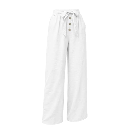 Linen Wide Leg Pants for Women, High Waisted Button Work Casual Flowy Tie Knot Trousers with Pockets, Lightweight Breathable Summer Vacation Beach Office Work Womens Palazzo Pants 2026WhiteS - Thumbnail 5