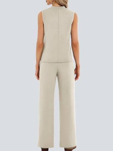 Casly Lamiit 2 Piece Outfits for Women Casual Summer Set Sleeveless Top Sweatpants Matching Sweatsuits Airport Beach Vacation Lounge Set Dark Beige M - Thumbnail 4