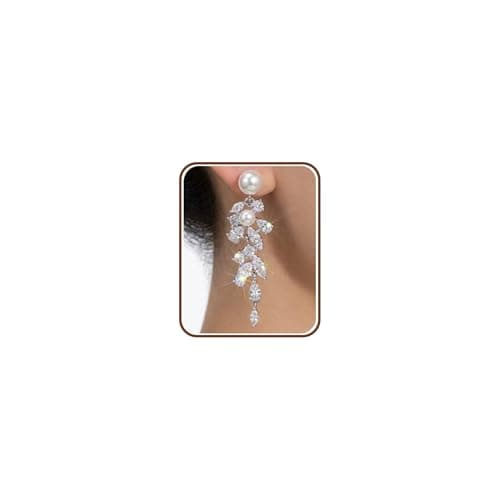 Pearl Drop Earrings for Women, 14K Gold Plated Dangle Earrings with Cubic Zirconia Floral Design, Lightweight Hypoallergenic Bridal Wedding Jewelry Gift(Floral cubic zirconia Silver) - Image 1