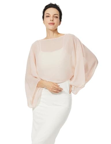 BEAUZSUZSANA Women Chiffon Bolero Cape Capelets with Arm Holes Shawls and Wraps for Evening Dress Bridal Wedding Party (Peach,L-XL) - Thumbnail 2
