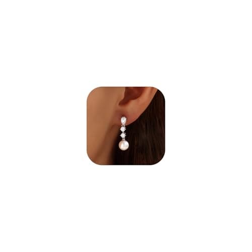 Pearl Earrings for Women, Trendy Silver Diamond Pearl Drop Earrings Bridal Shower Gifts Wedding Gifts for Women - Image 1