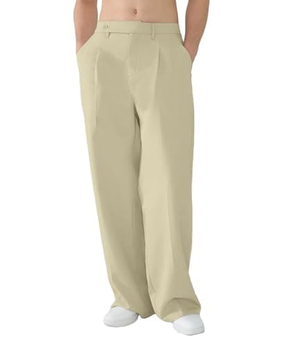 Susclude Mens Casual Dress Pants Pleated Old Money Wide Leg Baggy Pants Fall Relaxed Fit Slacks Work Trousers Dark Khaki - Image 1