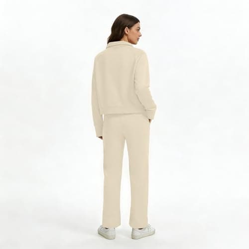 Anyshe Women's 2 Piece Sweatsuit Set Lounge Set Half Zip Sweatshirt with Kangaroo Pocket Thumb Holes Wide Leg Drawstring Pants Casual Tracksuit for Travel Daily Wear, Off White, Medium - Thumbnail 4