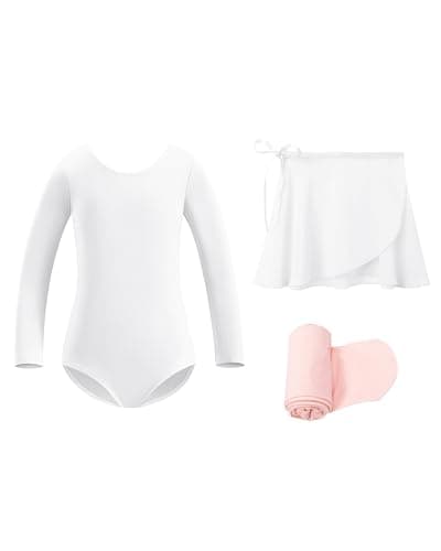 Stelle Long Sleeve Ballet Leotards for Girls Toddler Dance Dress Ballet Outfit Combo with Skirt and Tights(White-Long Sleeve,130) - Image 1