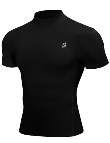 Roadbox Men's Compression Shirt, Mock Turtleneck Athletic Undershirt Short Sleeve, Cool Dry T Shirts for Gym Workout Sports Black - Image 1