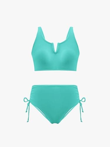 AMAWMW Girls Swimsuit Solid Color V-Neck Cutout Bikini Set Quick Dry Two Piece Bathing Suit for Girl Kids 7-16Y, Cyan, 9-10 Years - Thumbnail 5