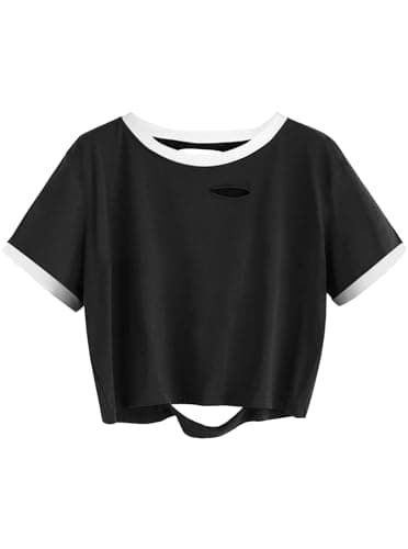 Avanova Raglan Shirt Women Ripped Short Sleeve Crop Tops Distressed Cropped T Shirts Summer Casual Tee Black Large - Image 1