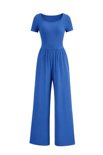 PRETTYGARDEN Women's Summer One Piece Jumpsuits Dressy Casual Short Sleeve Square Neck Wide Leg Rompers Travel Outfit Clothes (Blue,X-Small) - Image 1
