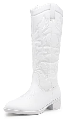 Vepose Womens Tall Cowboy Boots Western Knee High Comfy Cowgirl Low Heel 9810 Embroidered Boots for Women (CJY9810 White 07) - Image 1