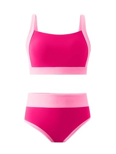 AMAWMW Girls Swimsuit Bikini Set 2 Piece Bathing Suit Color Block Swimwear for Teen Girls 7-16Y, Hot Pink, 9-10 Years - Thumbnail 6