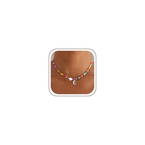 Eaciy Silver Initial Necklaces for Women - Colorful Beaded Letter E Initial Necklace Cute Heart Necklaces Silver Necklace Jewelry for Women - Image 1