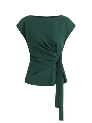 BTFBM Womens Tops Summer 2026 Cap Sleeve Crew Neck Tie Waist Blouses Dressy Casual Business Work Clothes Spring Fashion(Dark Green, Medium) - Image 1