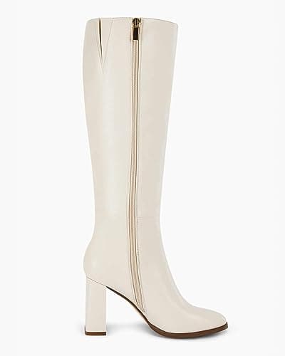 Coutgo Womens Wide Calf Knee High Boots Chunky High Heel Square Toe Fashion Leather Shoes with Side Zipper,White,Size 10 - Thumbnail 6