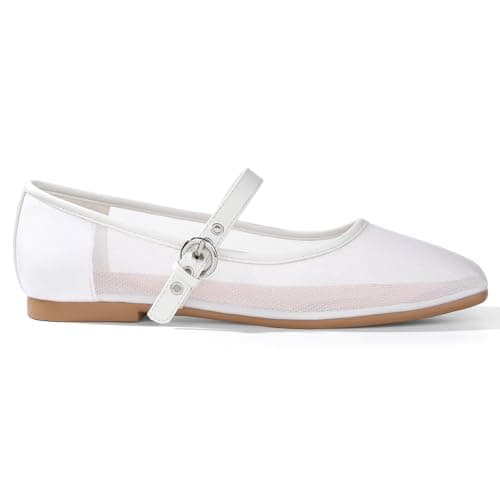 ATHMILE Women's White Mesh Flats for Women Mary Janes Shoes Women Square Toe Ballet Flats with Adjustable Strap, Slip-On Comfortable Casual Dress Shoes for Office, Date Night and Daily Wear Size 8